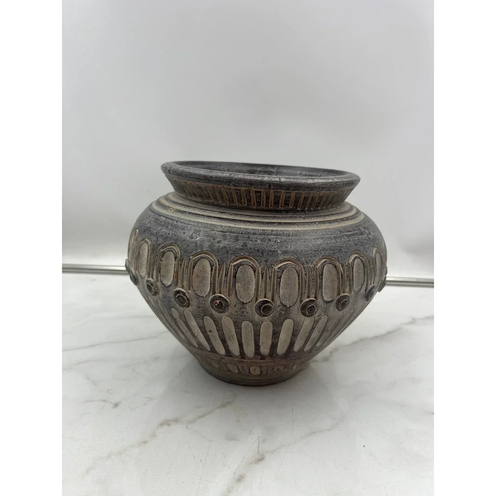 Vintage Thai Hand Carved Pottery Vessel Charcoal Gray Textured Decorative Pot